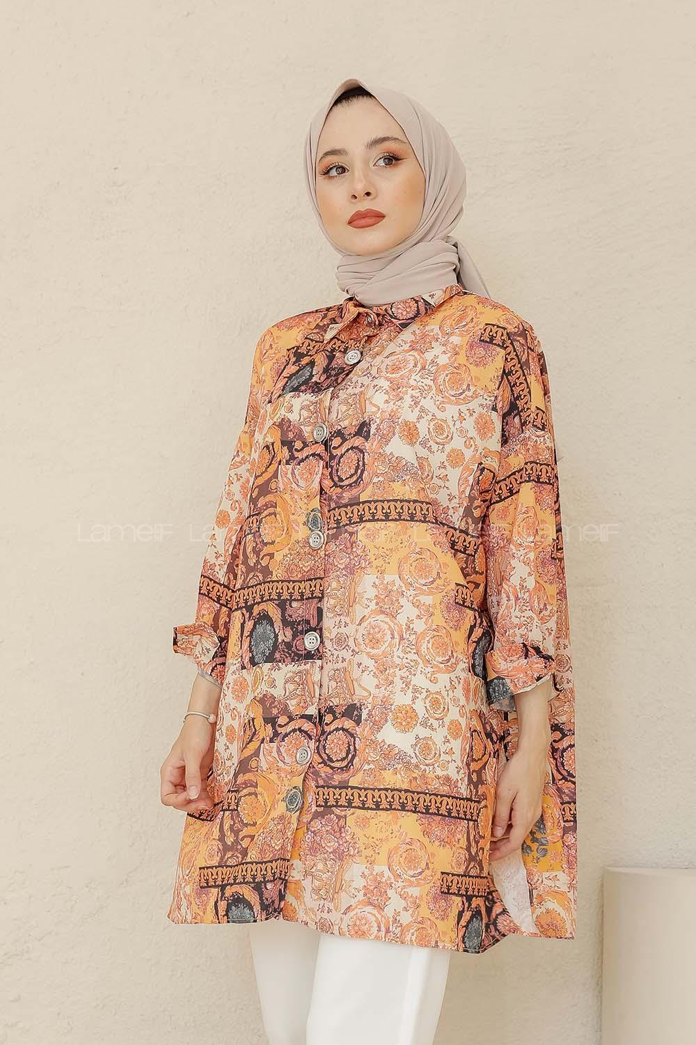 Modalamelif Batik Desen Gömlek Hardal Sarısı