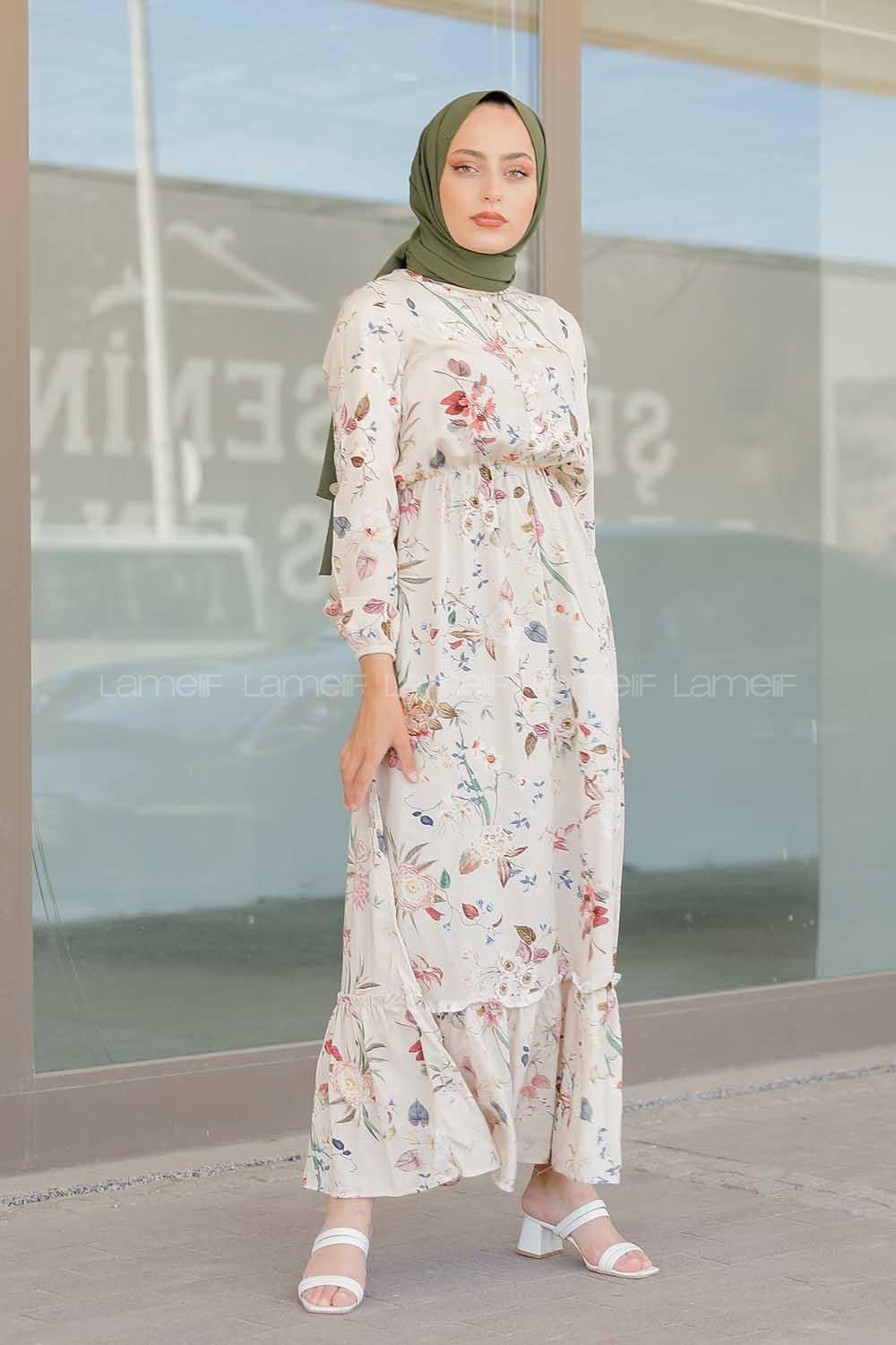 Modalamelif Çiçek Desen  Elbise Krem