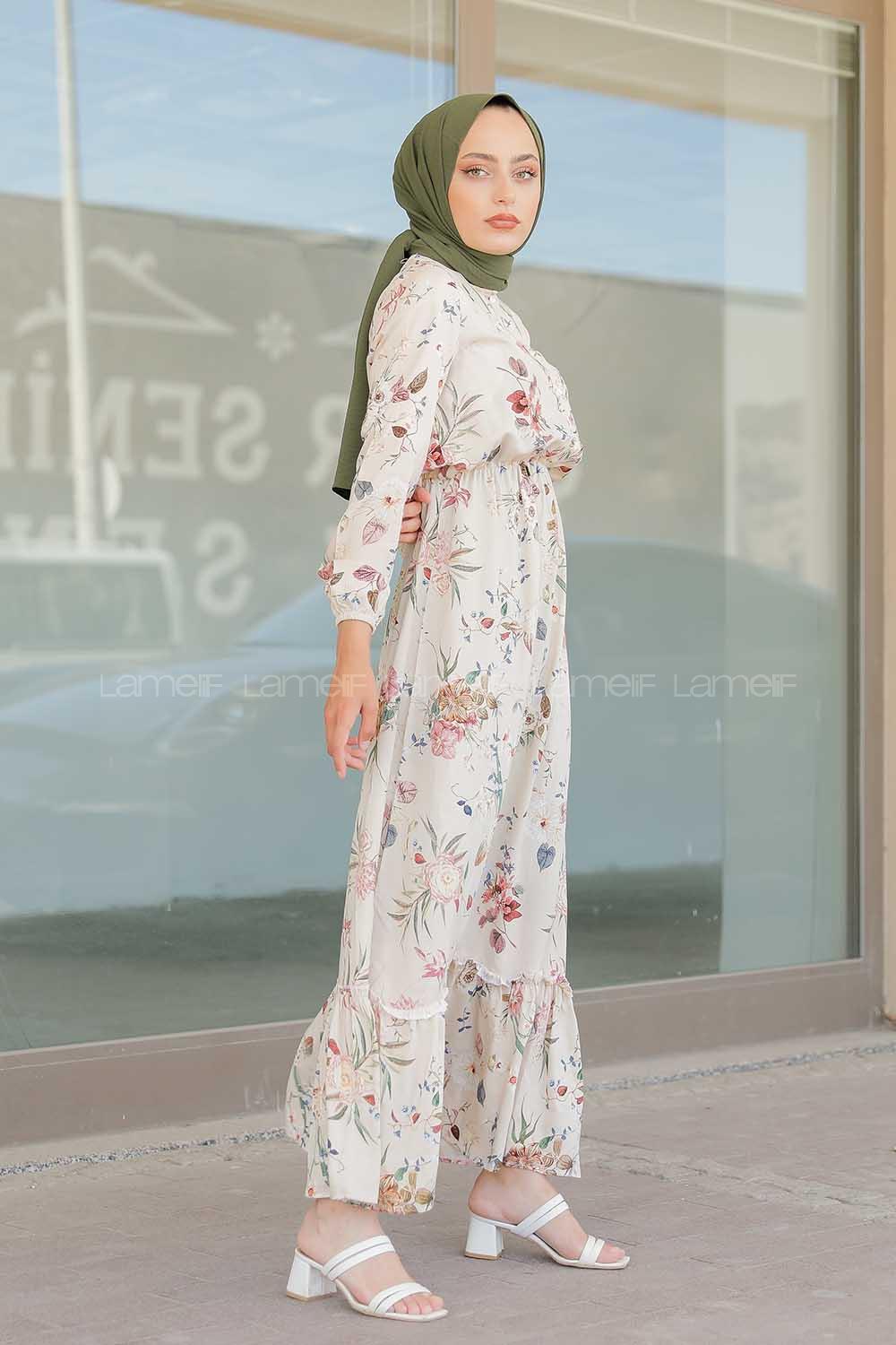 Modalamelif Çiçek Desen  Elbise Krem