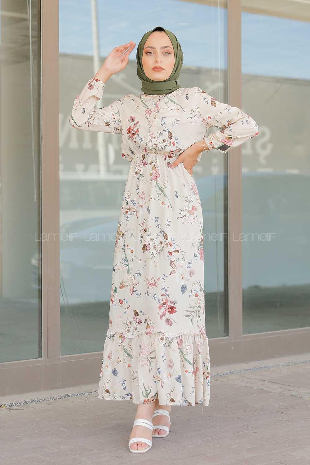 Modalamelif Çiçek Desen  Elbise Krem