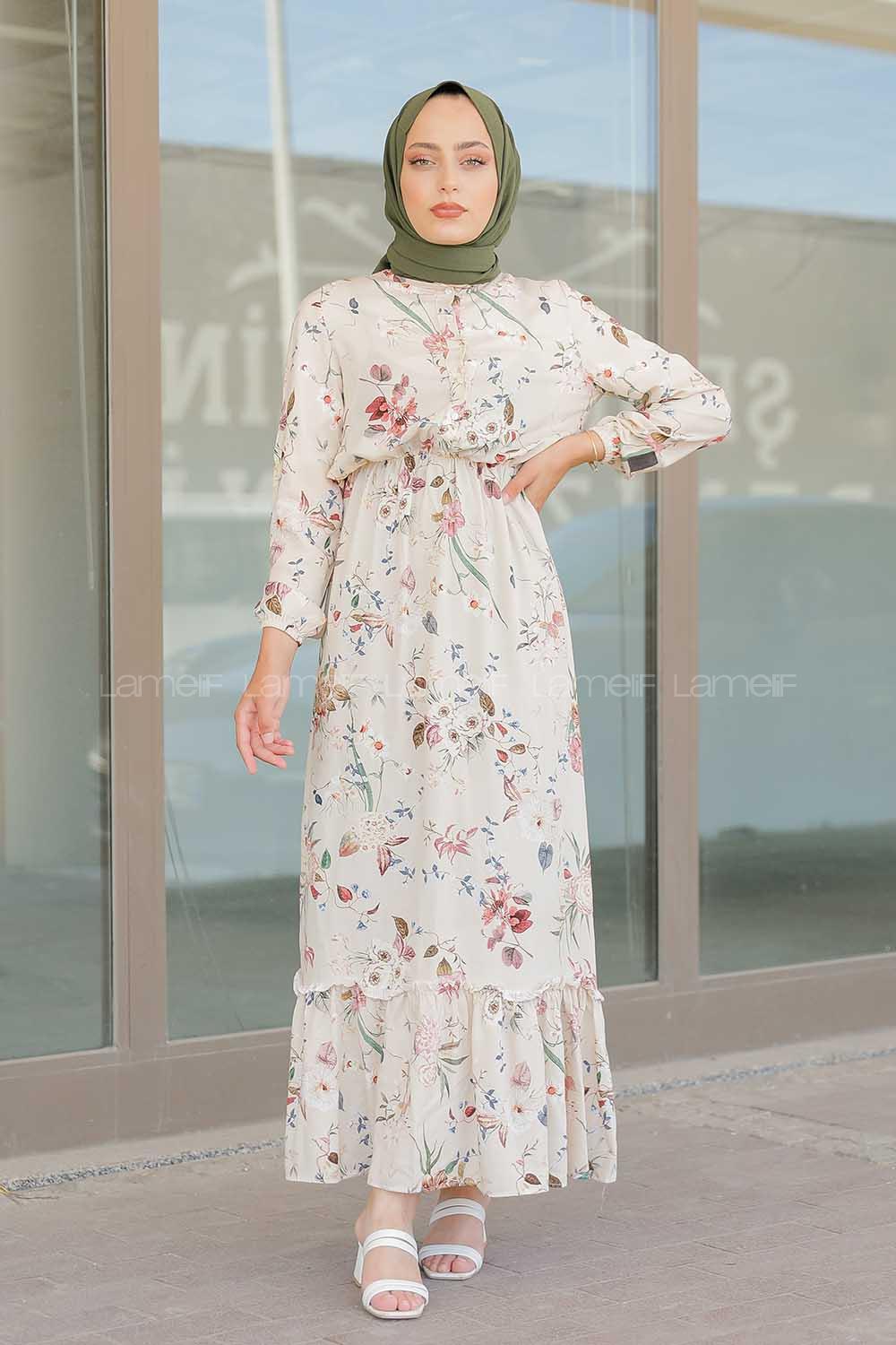 Modalamelif Çiçek Desen  Elbise Krem