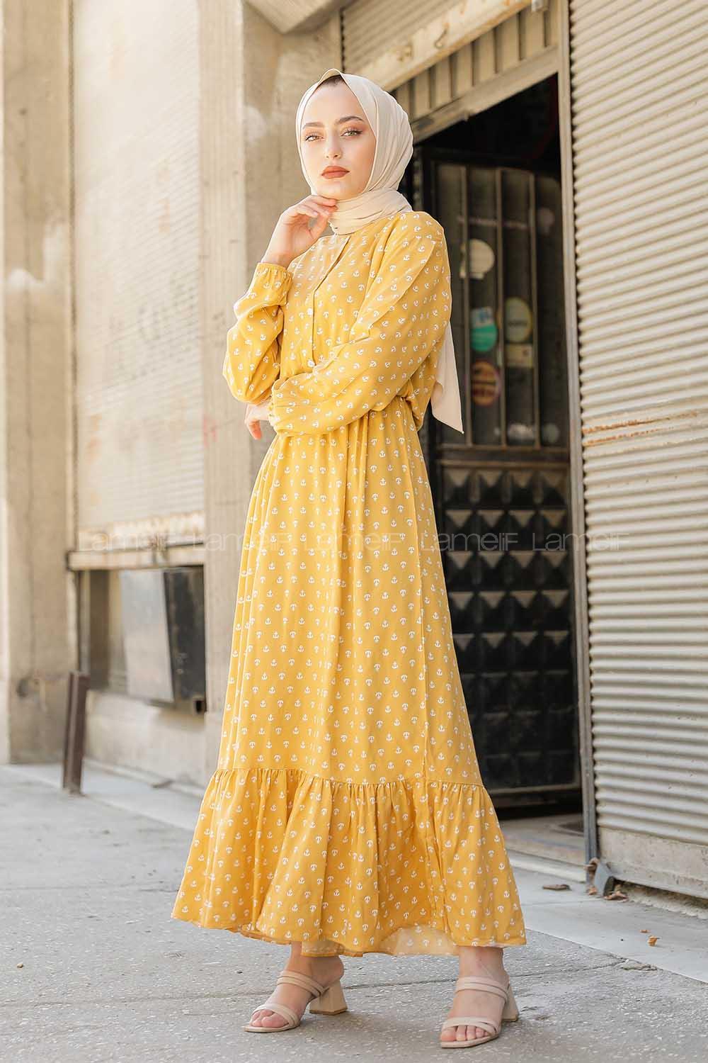Modalamelif Gemici Desen Elbise Hardal Sarısı