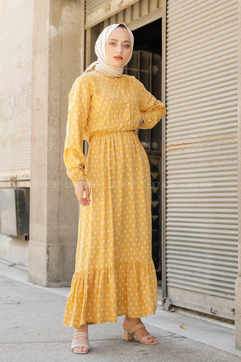 Modalamelif Gemici Desen Elbise Hardal Sarısı