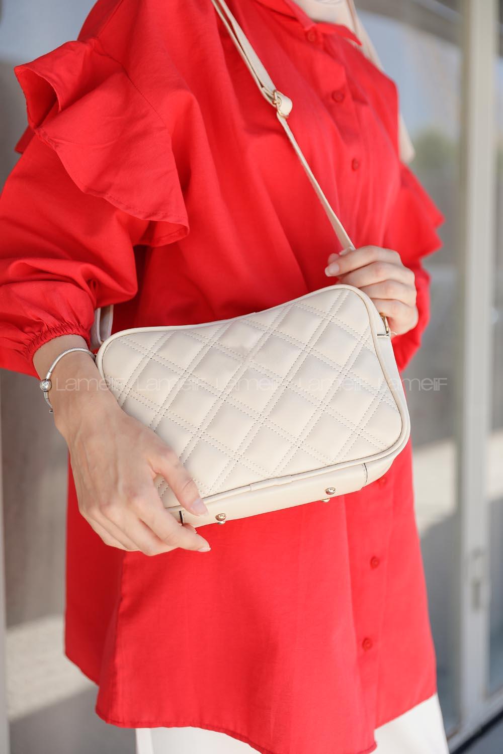 Modalamelif İki Bölmeli Dikişli Çapraz Çanta Krem