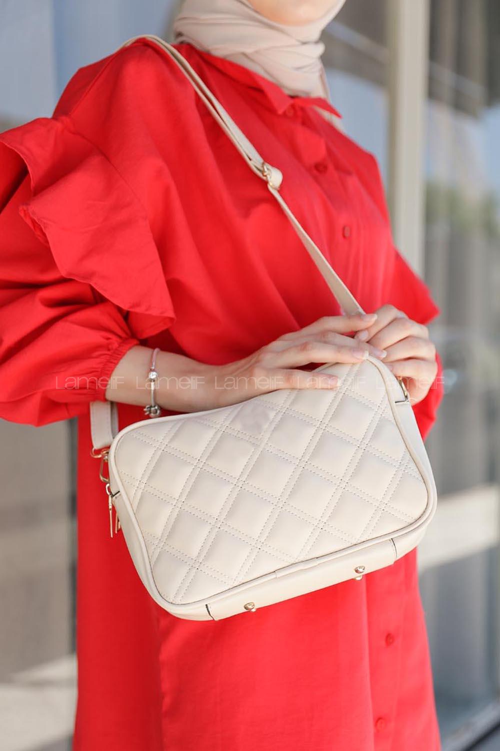 Modalamelif İki Bölmeli Dikişli Çapraz Çanta Krem