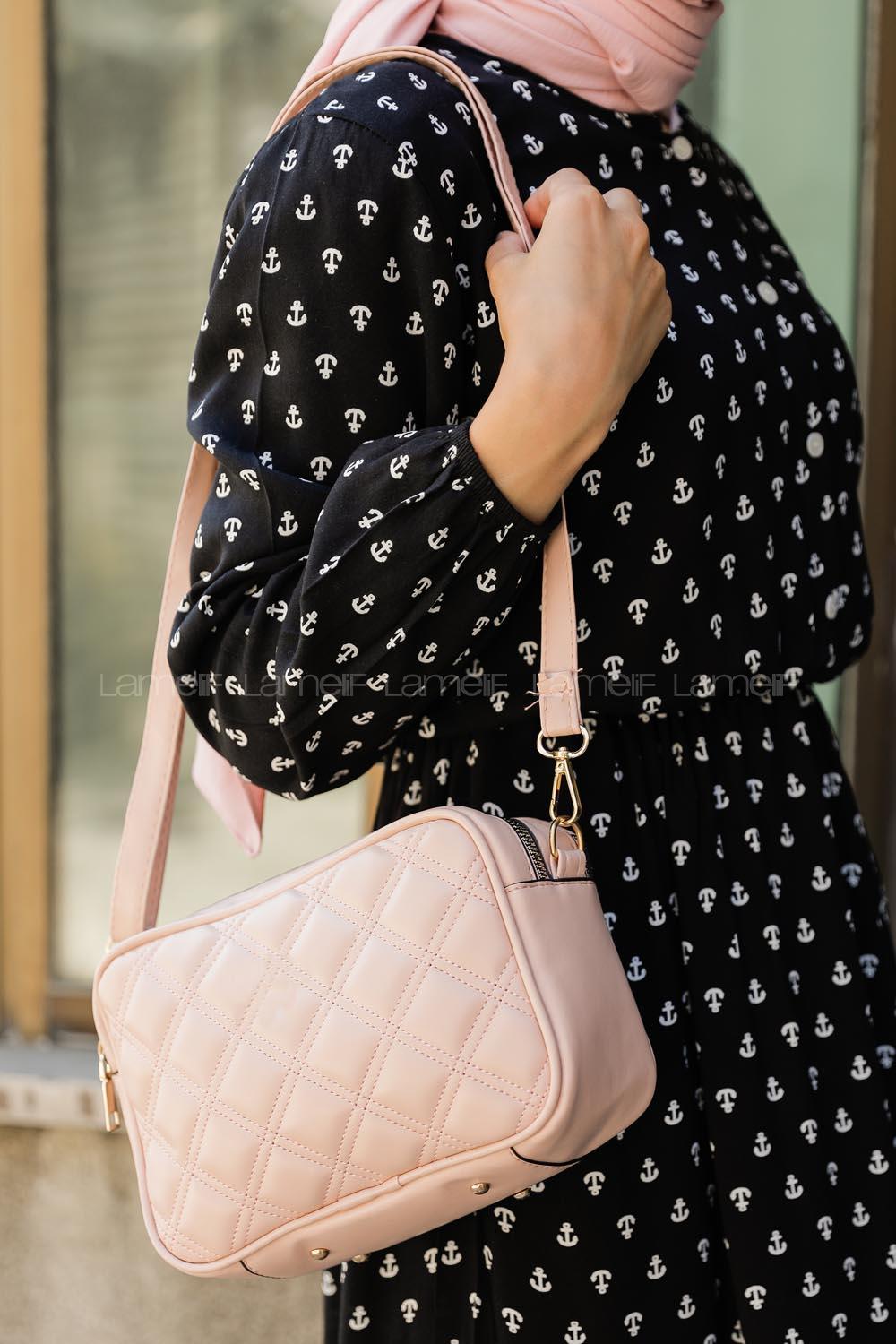 Modalamelif İki Bölmeli Dikişli Çapraz Çanta Pudra