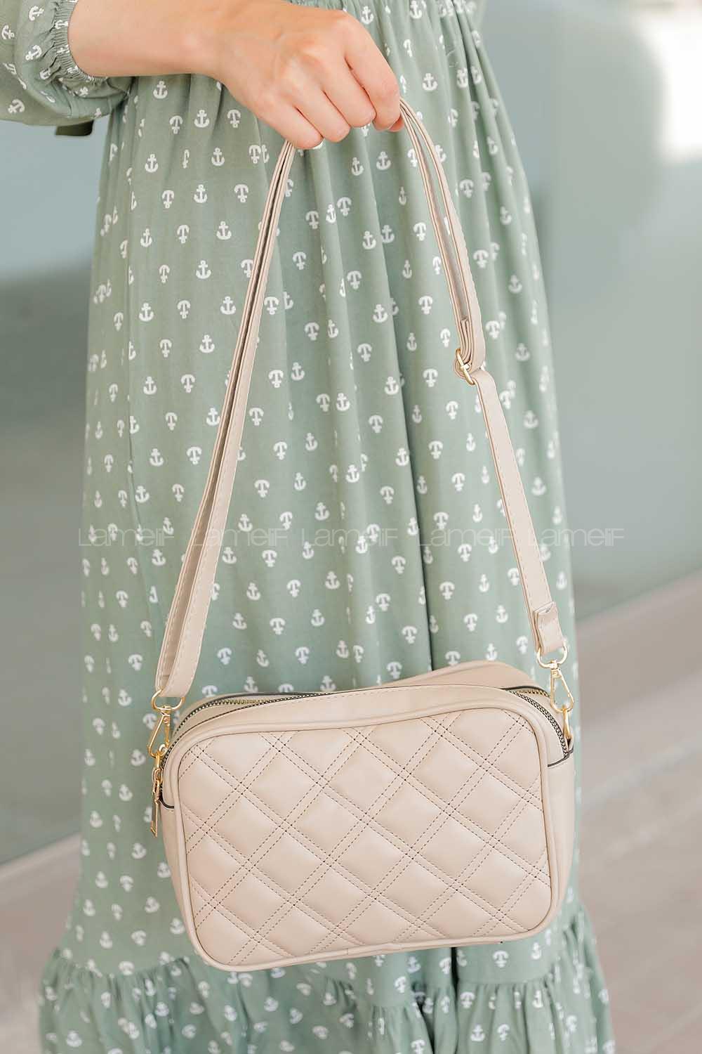 Modalamelif İki Bölmeli Dikişli Çapraz Çanta Vizonrengi