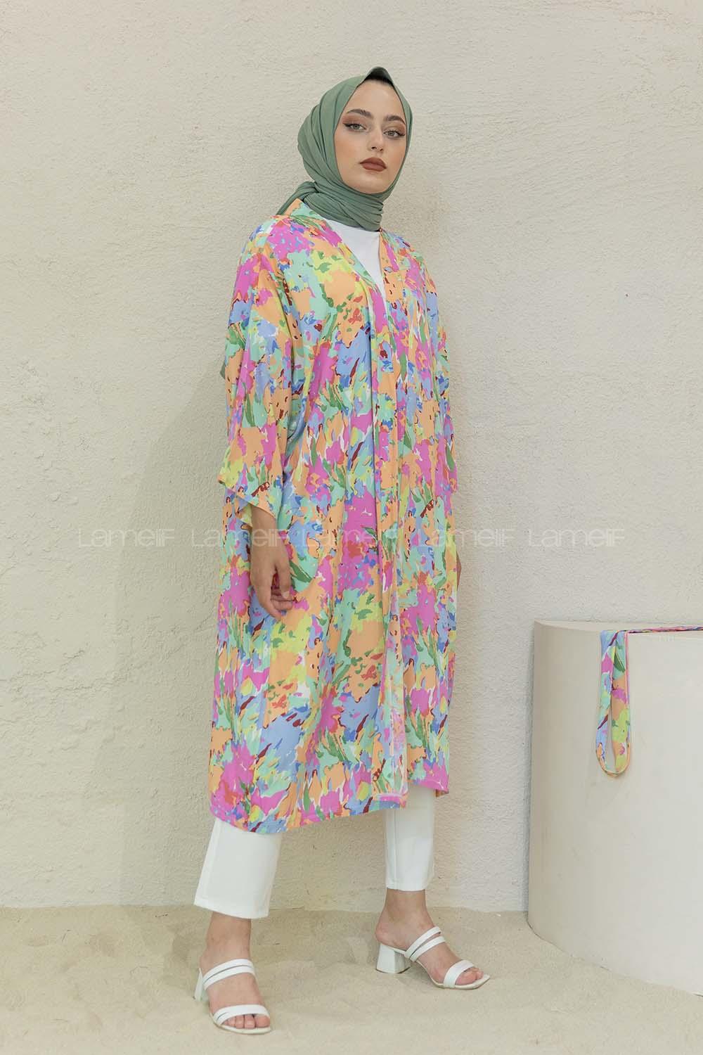 Modalamelif Kamuflaj Desen Kuşaklı Kimono Pembe