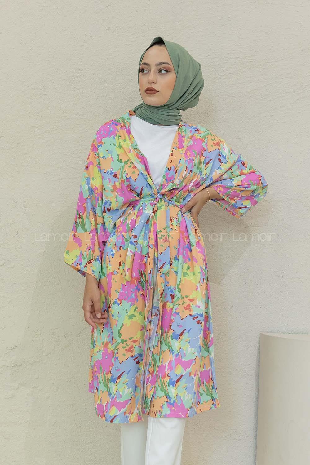 Modalamelif Kamuflaj Desen Kuşaklı Kimono Pembe