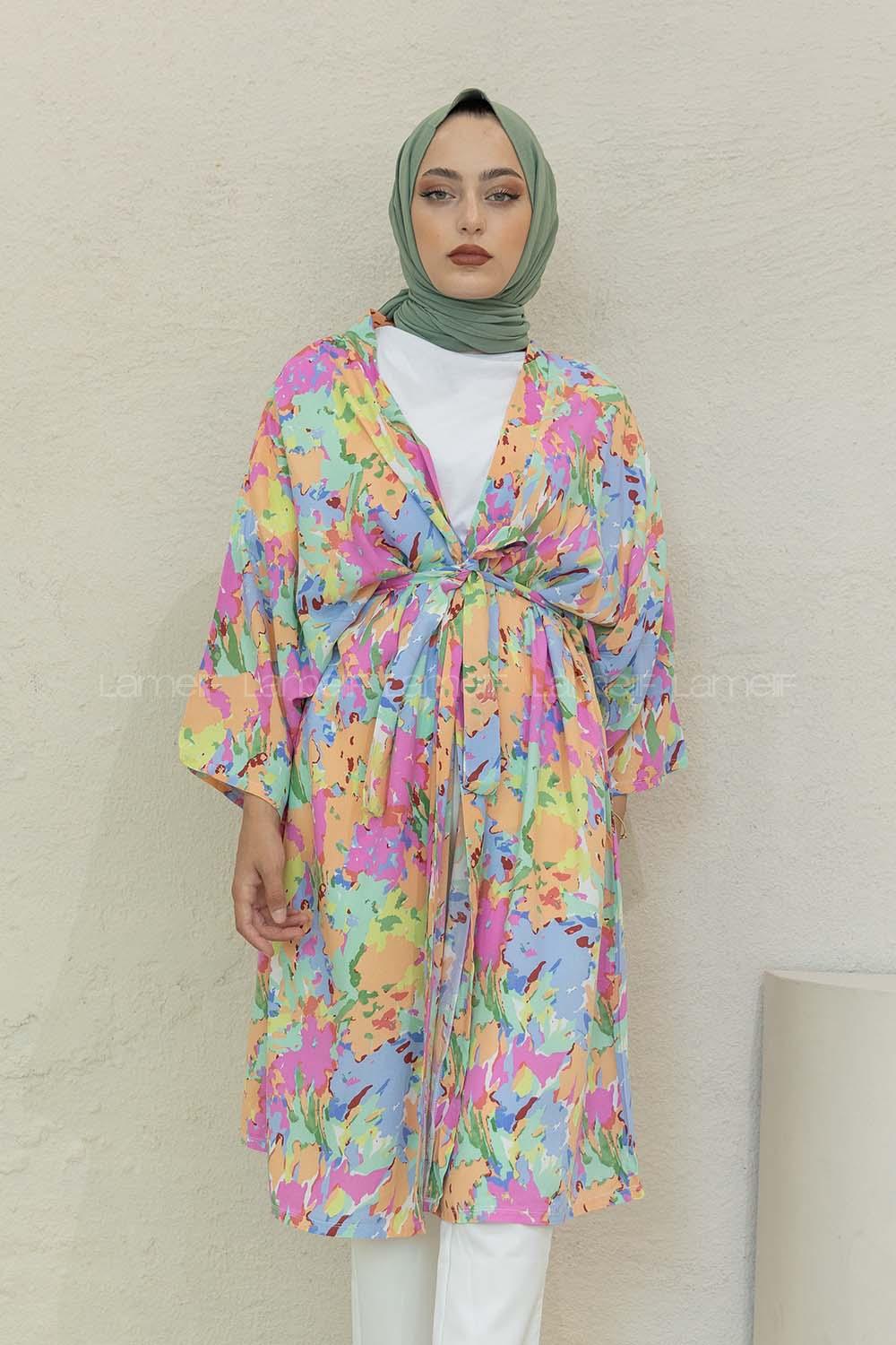 Modalamelif Kamuflaj Desen Kuşaklı Kimono Pembe