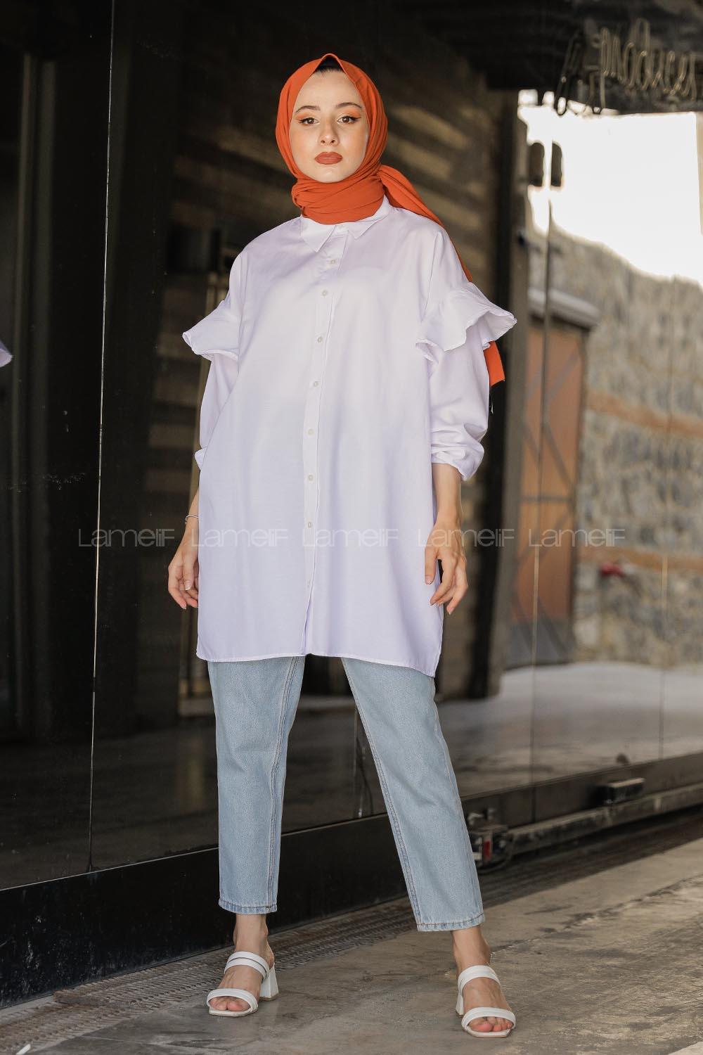 Modalamelif Kol Lastikli Fırfırlı Gömlek Beyaz