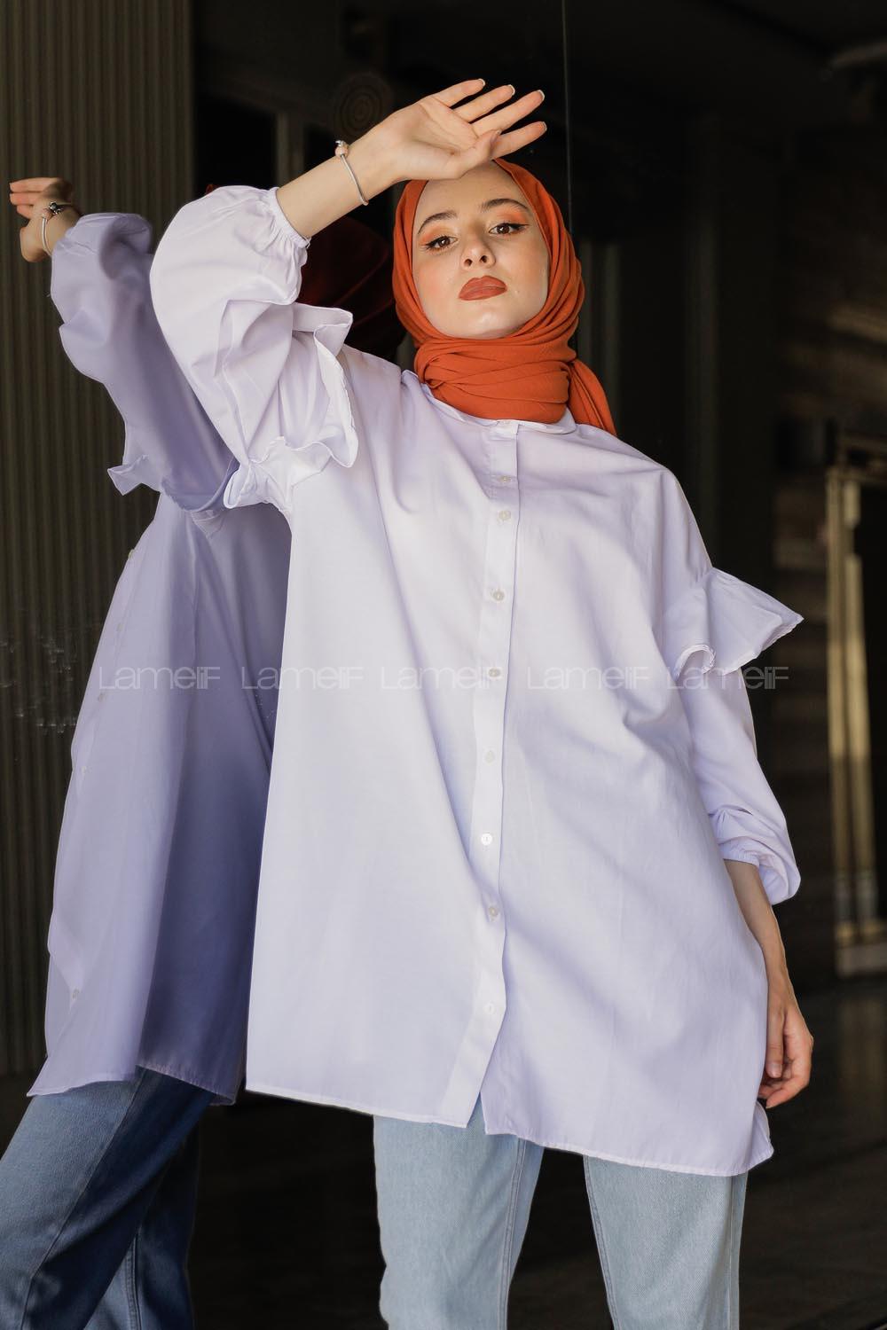 Modalamelif Kol Lastikli Fırfırlı Gömlek Beyaz