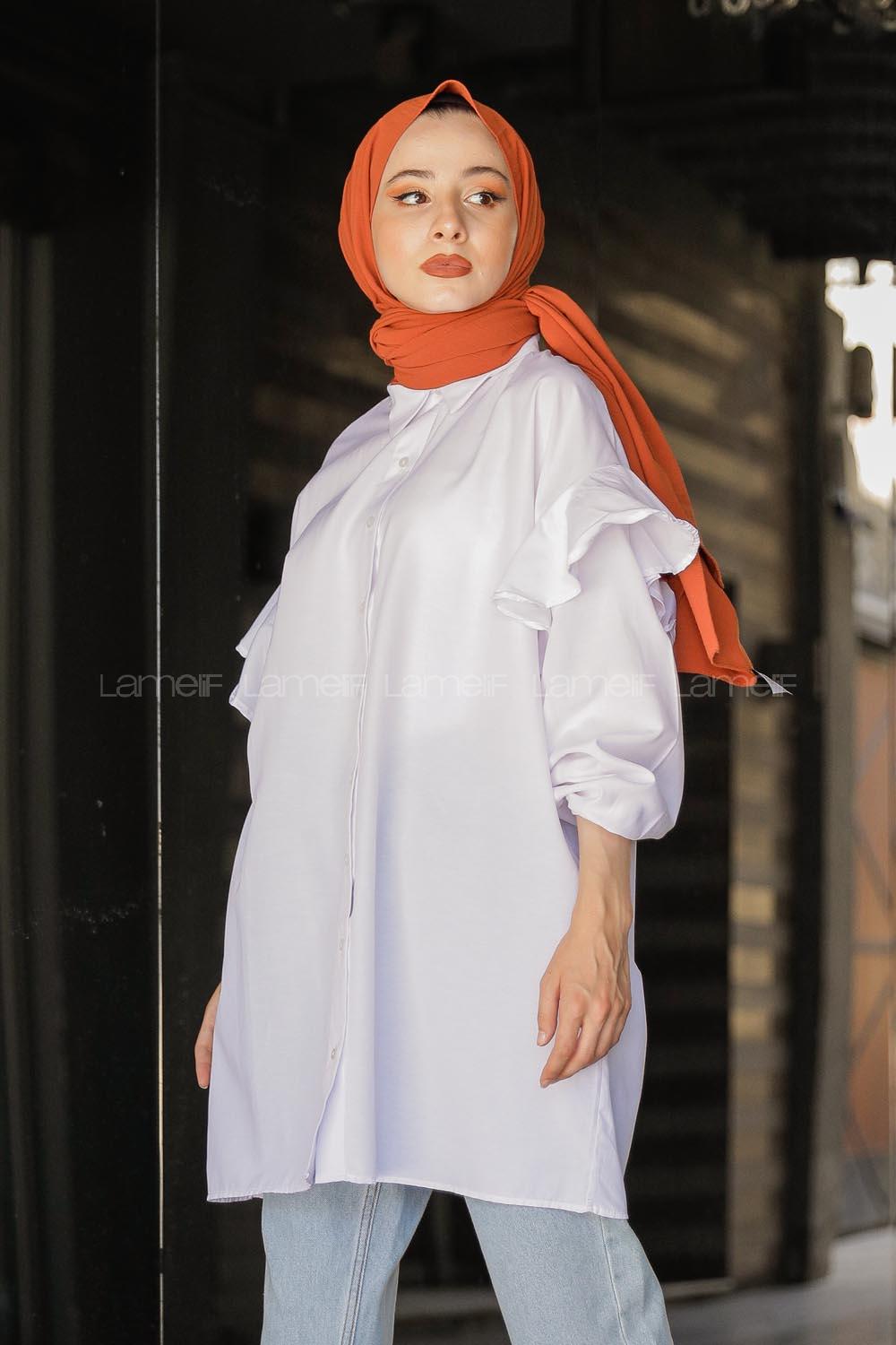 Modalamelif Kol Lastikli Fırfırlı Gömlek Beyaz