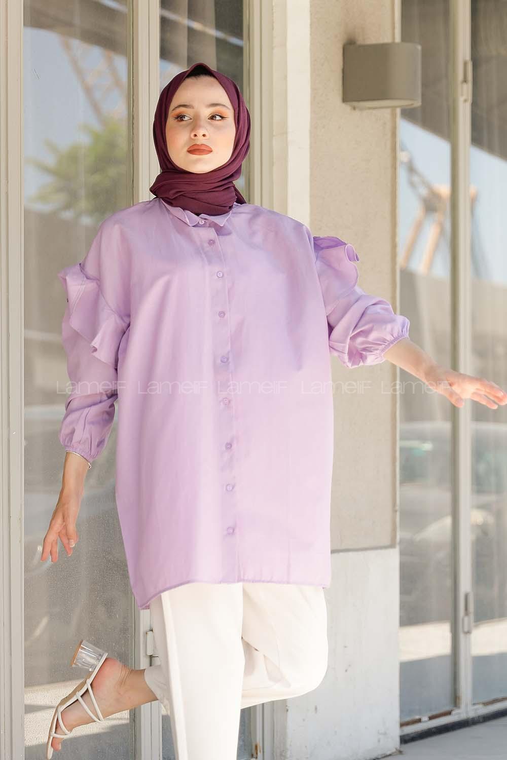 Modalamelif Kol Lastikli Fırfırlı Gömlek Mor