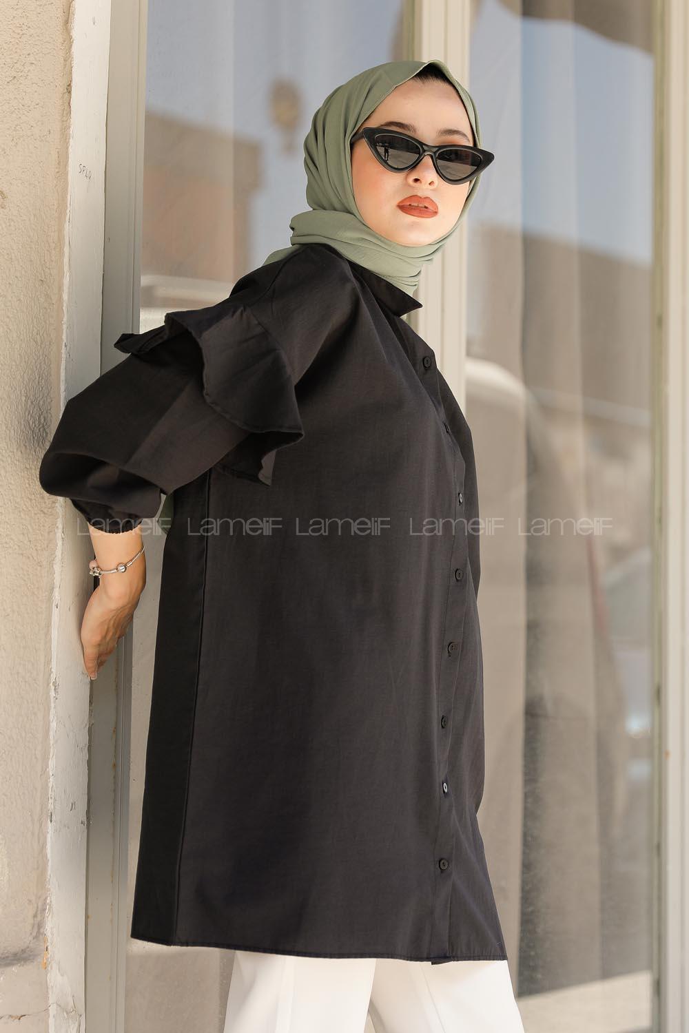 Modalamelif Kol Lastikli Fırfırlı Gömlek Siyah