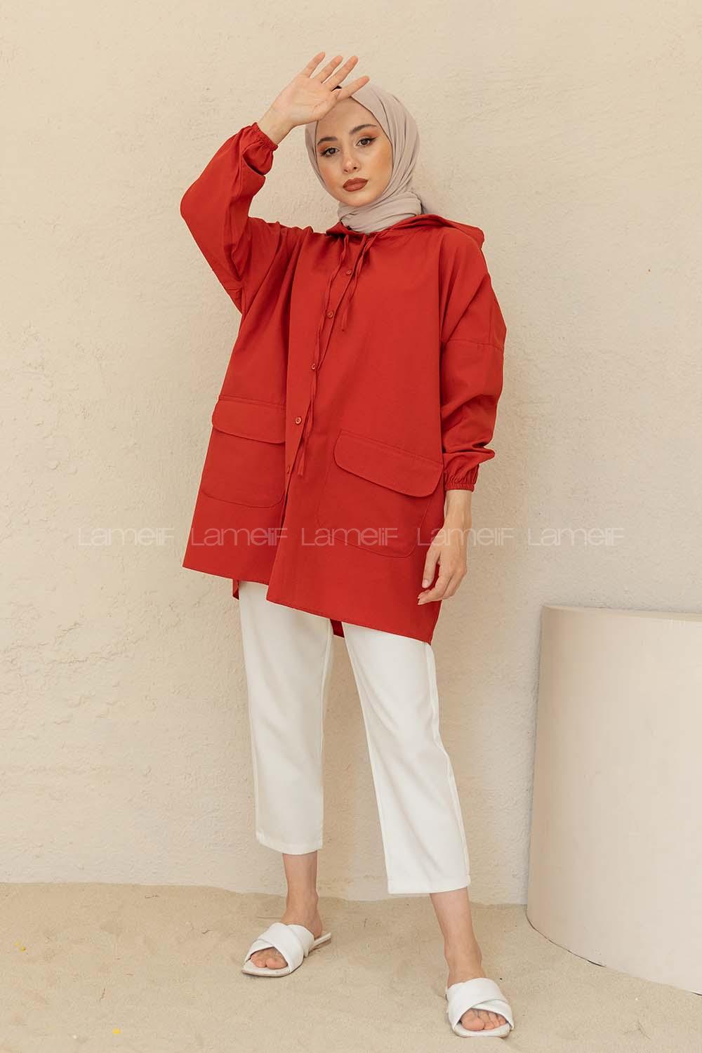 Modalamelif Kol Lastikli Kapşonlu Gömlek Koyu Kiremit