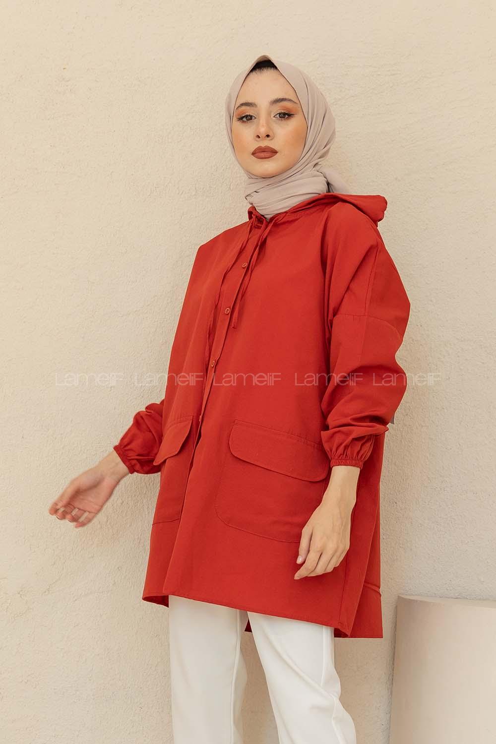 Modalamelif Kol Lastikli Kapşonlu Gömlek Koyu Kiremit