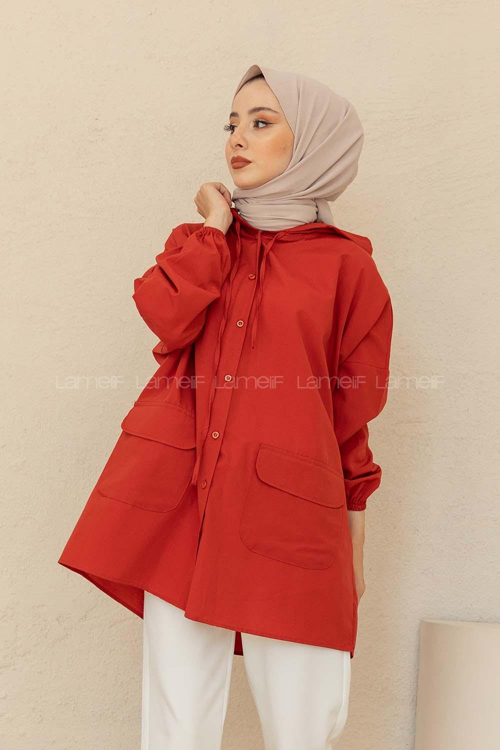 Modalamelif Kol Lastikli Kapşonlu Gömlek Koyu Kiremit