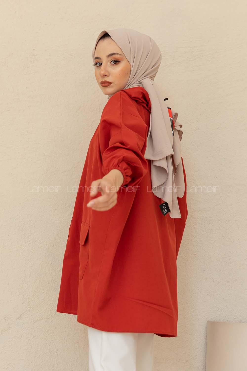 Modalamelif Kol Lastikli Kapşonlu Gömlek Koyu Kiremit