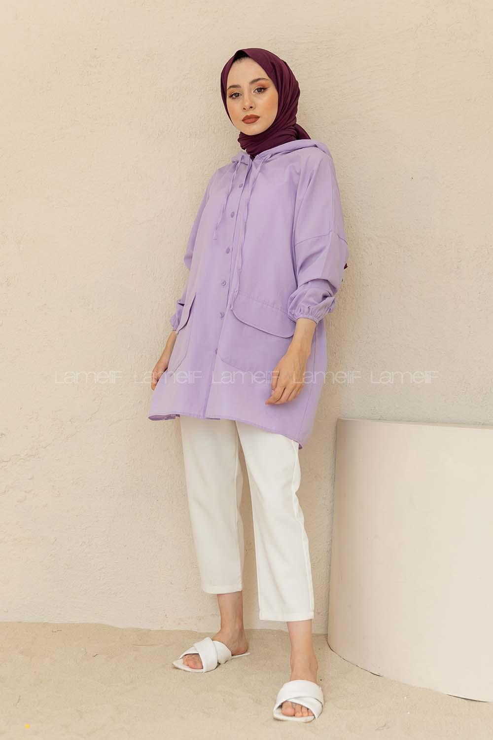 Modalamelif Kol Lastikli Kapşonlu Gömlek Lila