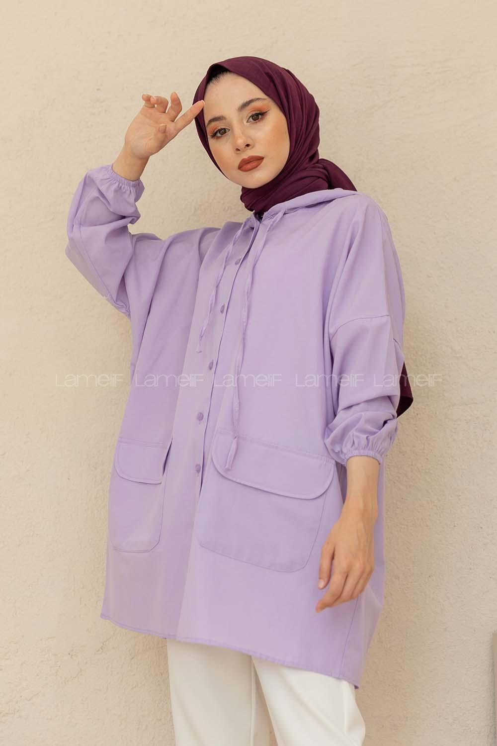 Modalamelif Kol Lastikli Kapşonlu Gömlek Lila