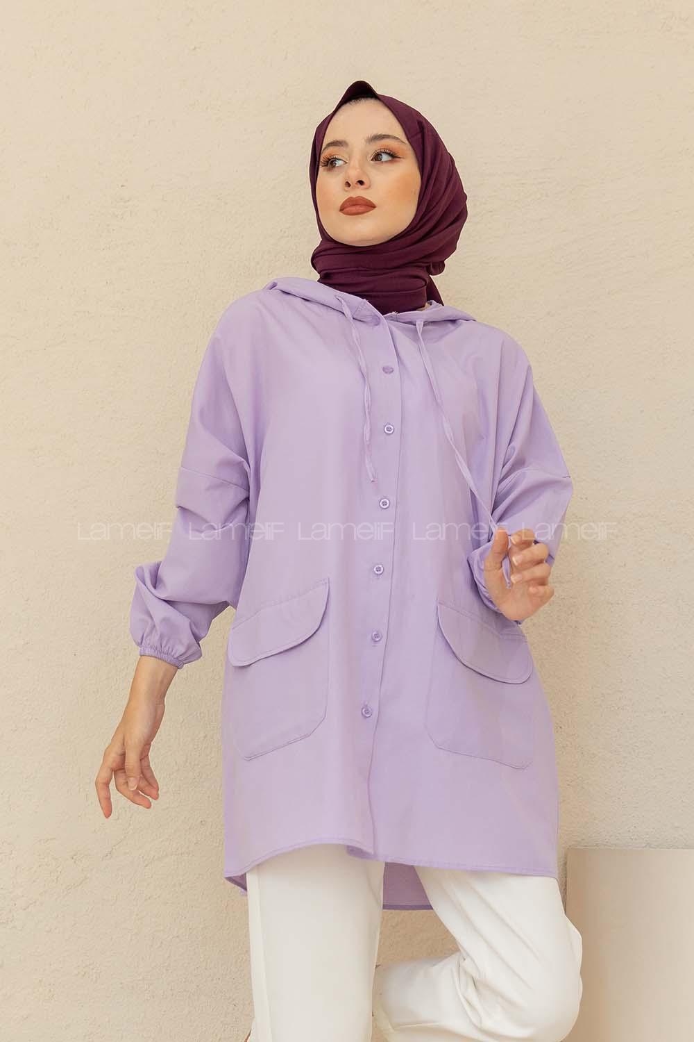 Modalamelif Kol Lastikli Kapşonlu Gömlek Lila