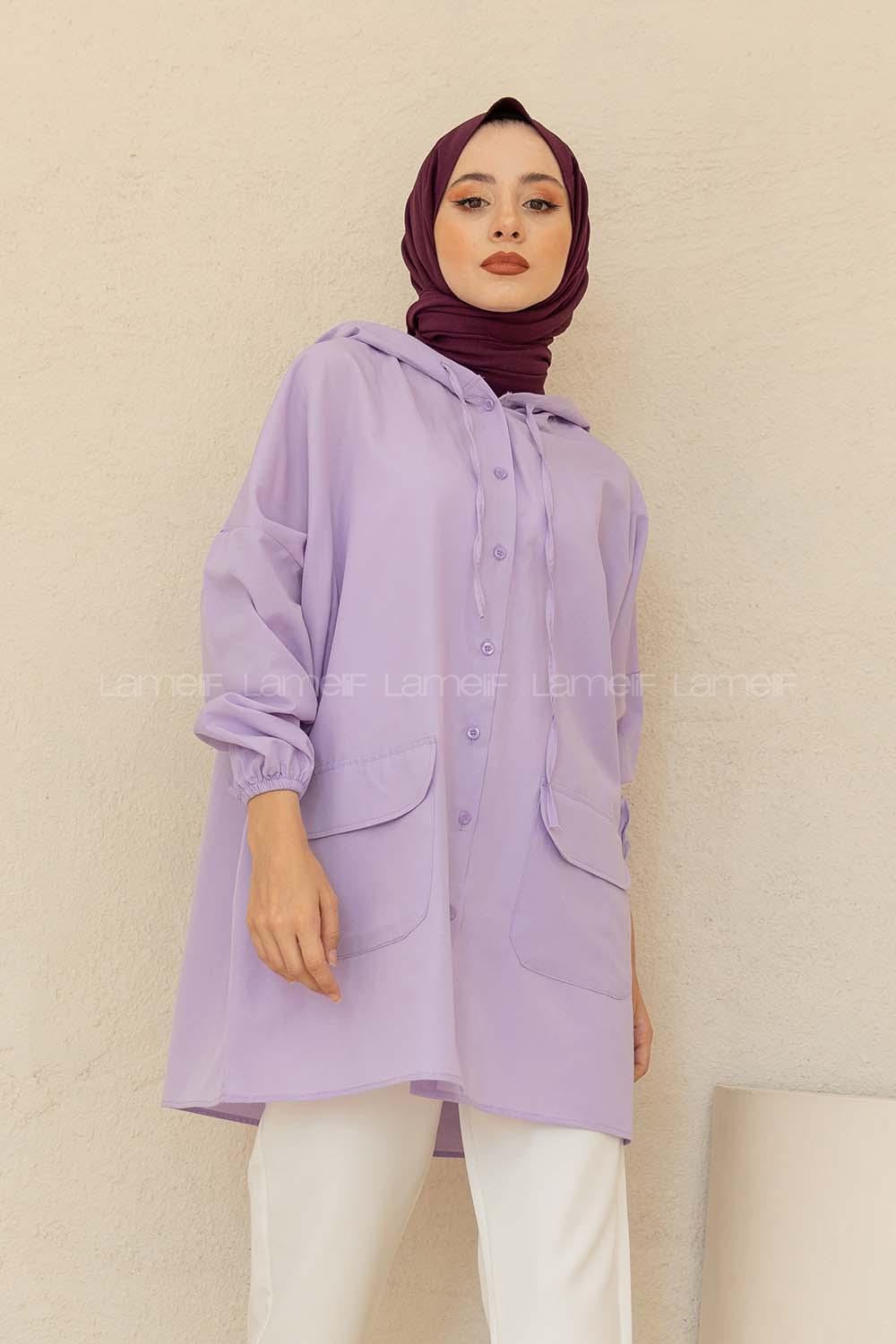 Modalamelif Kol Lastikli Kapşonlu Gömlek Lila