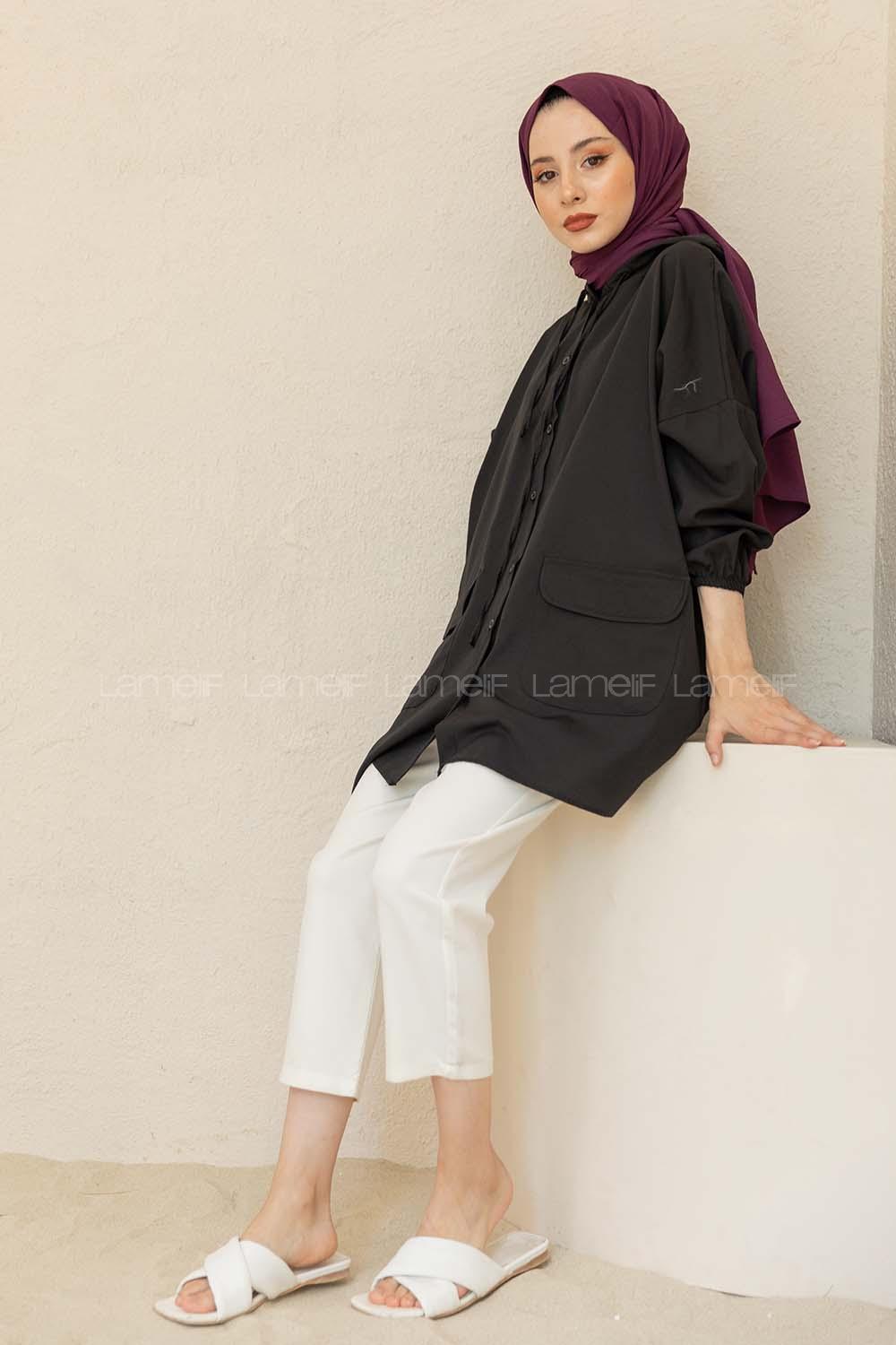 Modalamelif Kol Lastikli Kapşonlu Gömlek Siyah