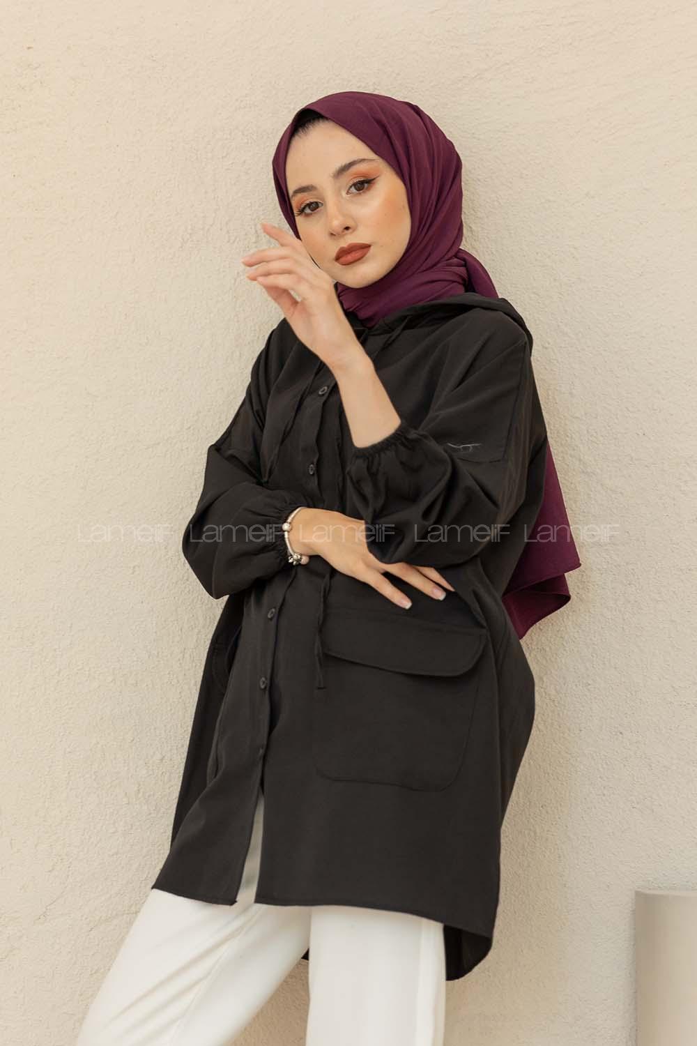 Modalamelif Kol Lastikli Kapşonlu Gömlek Siyah