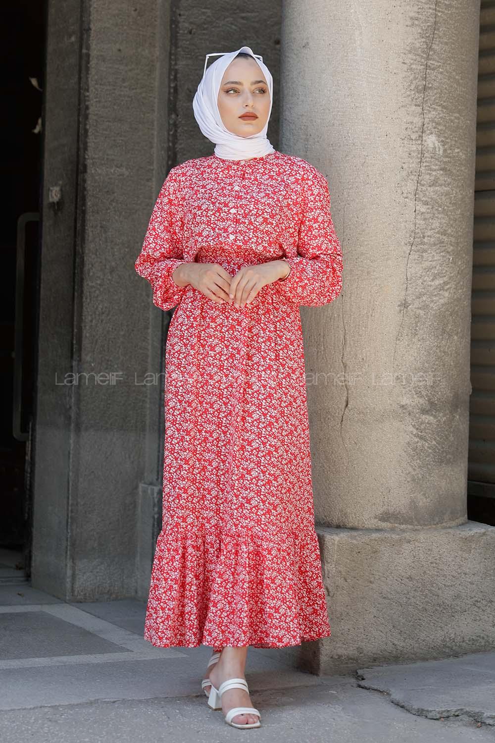Modalamelif Minimal Çiçek Desen Elbise Kırmızı