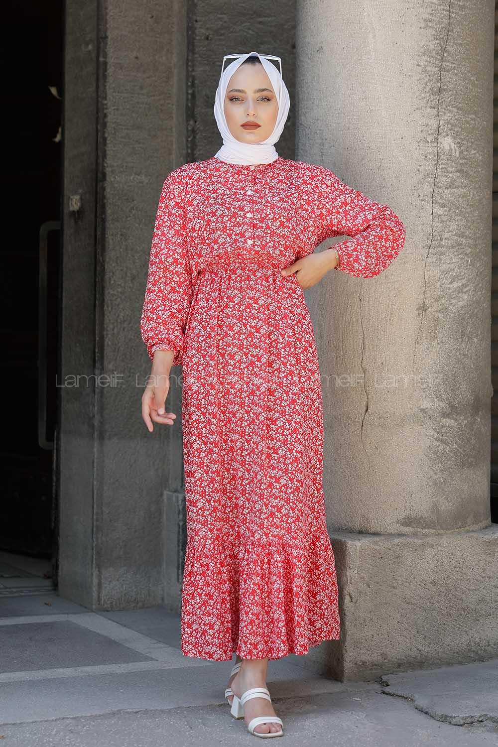 Modalamelif Minimal Çiçek Desen Elbise Kırmızı
