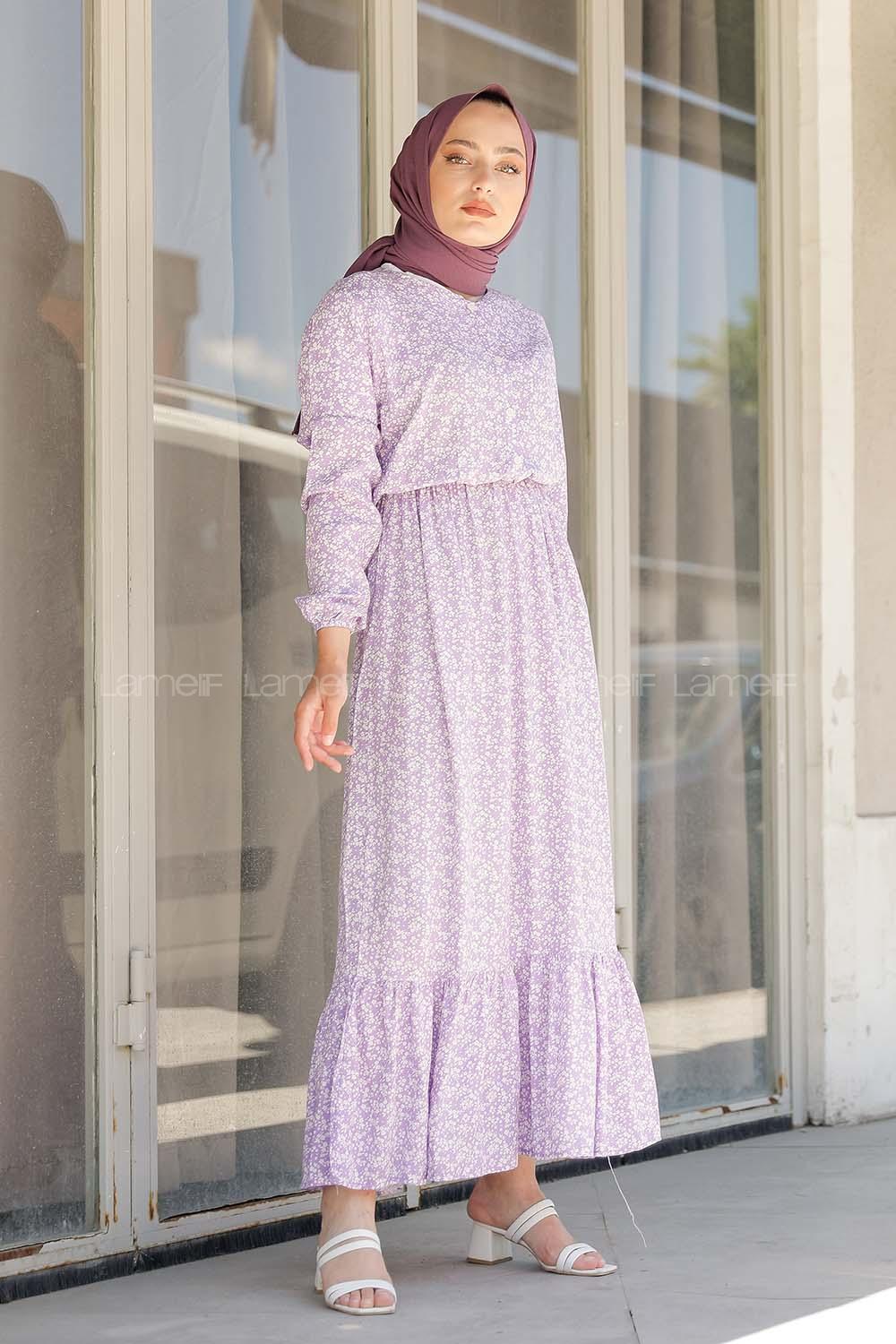 Modalamelif Minimal Çiçek Desen Elbise Lila