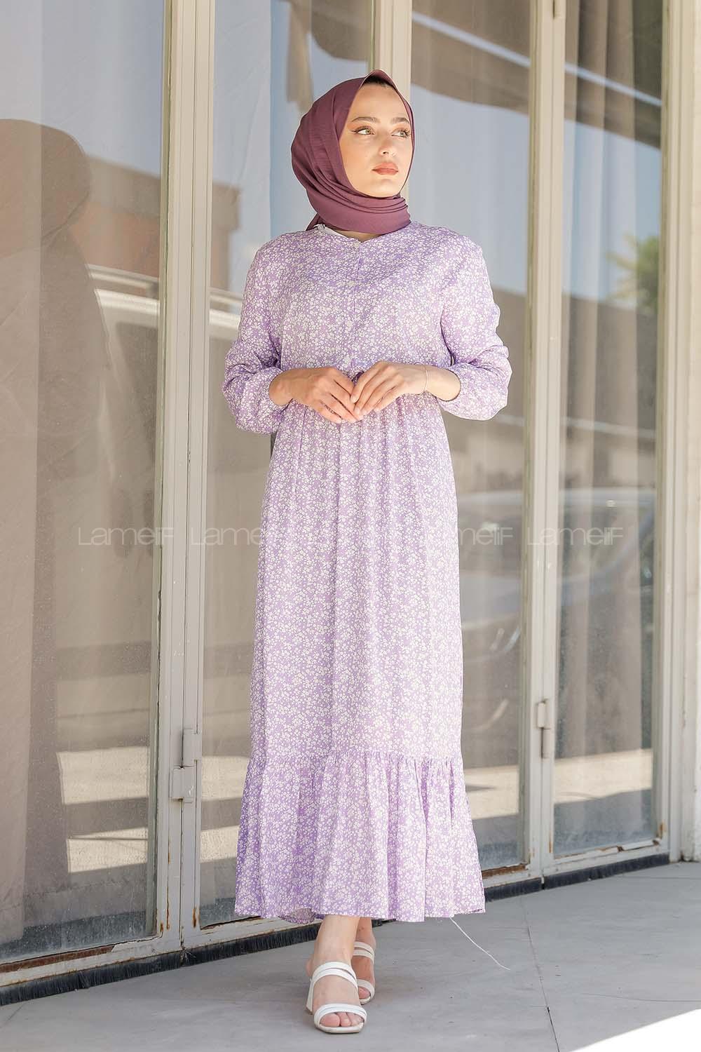 Modalamelif Minimal Çiçek Desen Elbise Lila