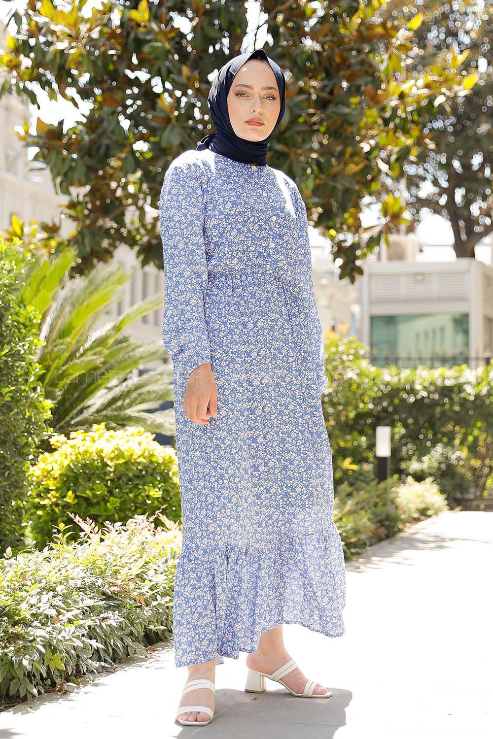Modalamelif Minimal Çiçek Desen Elbise Mavi