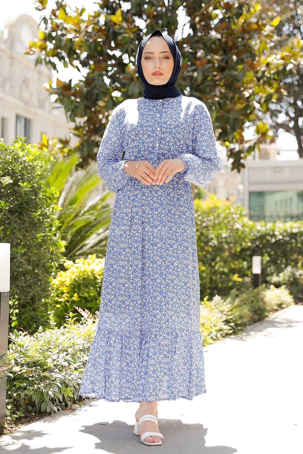 Modalamelif Minimal Çiçek Desen Elbise Mavi