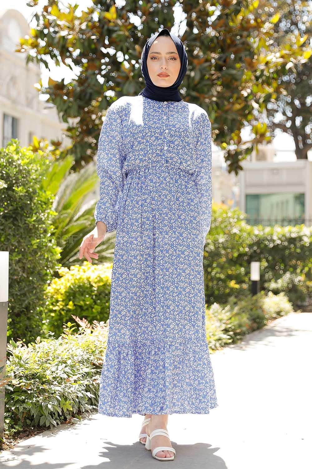 Modalamelif Minimal Çiçek Desen Elbise Mavi