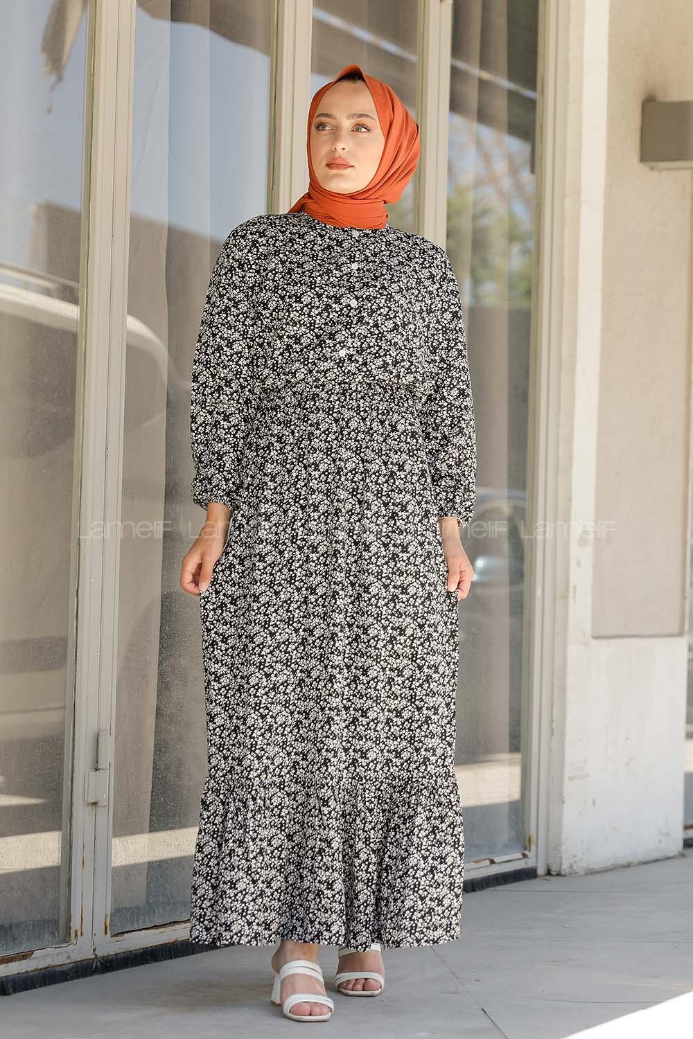 Modalamelif Minimal Çiçek Desen Elbise Siyah