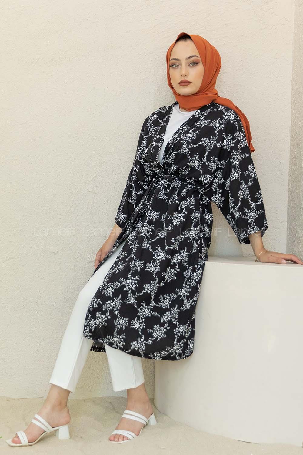 Modalamelif Minimal Yapraklı Kuşaklı Kimono Siyah