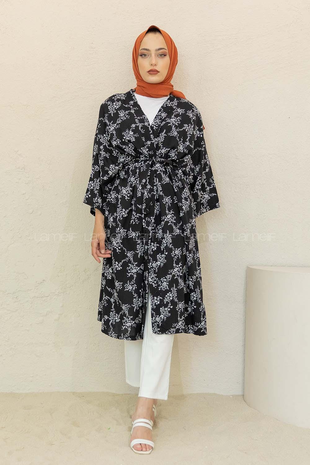 Modalamelif Minimal Yapraklı Kuşaklı Kimono Siyah