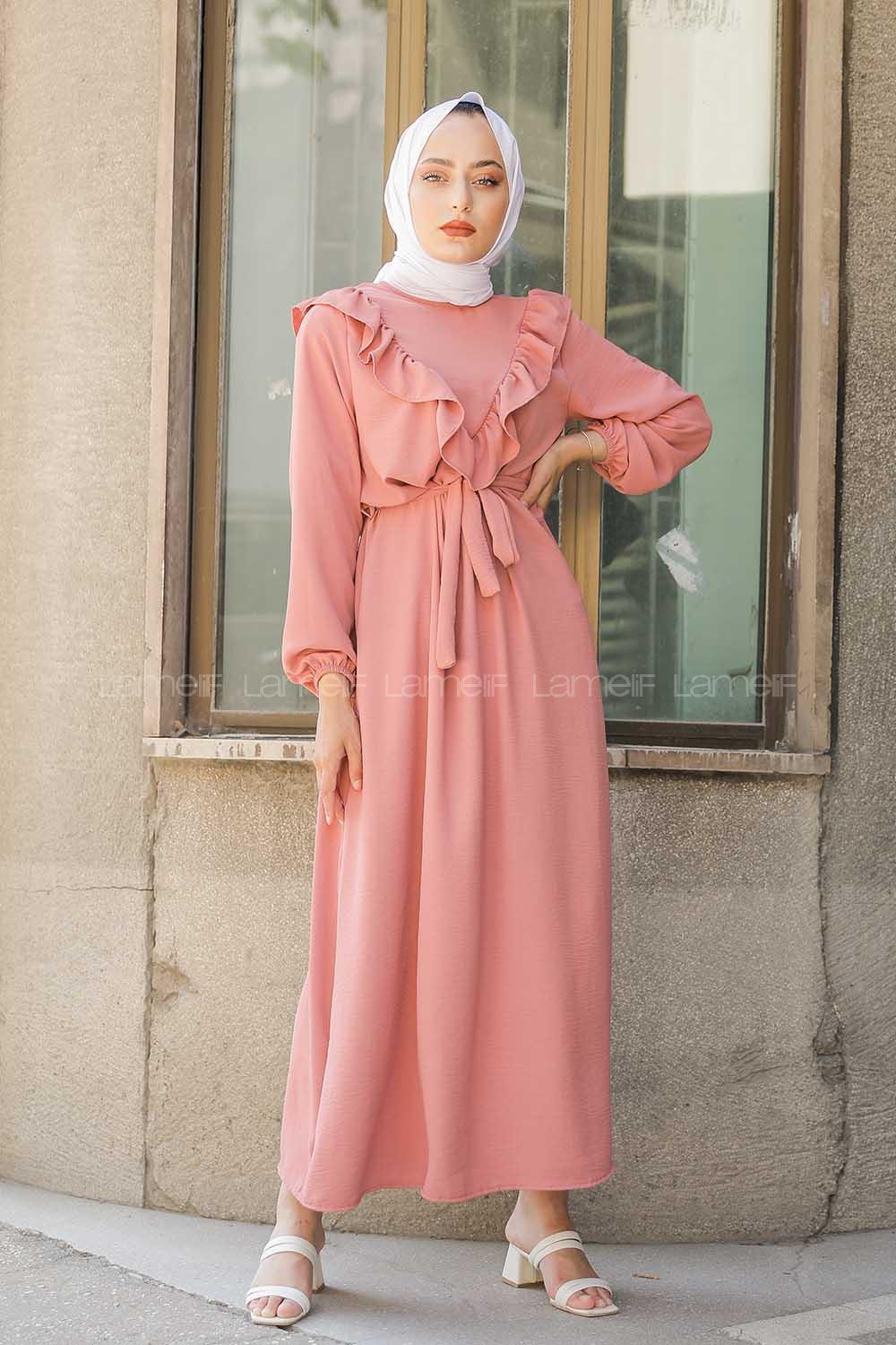 Modalamelif Önü Fırfırlı Kuşaklı Elbise Pudra