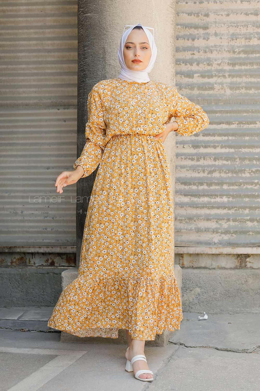 Modalamelif  Papatya Desen Elbise Hardal Siyah