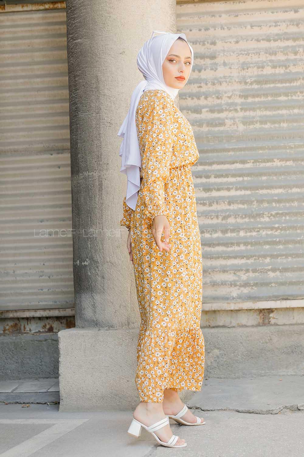 Modalamelif  Papatya Desen Elbise Hardal Siyah