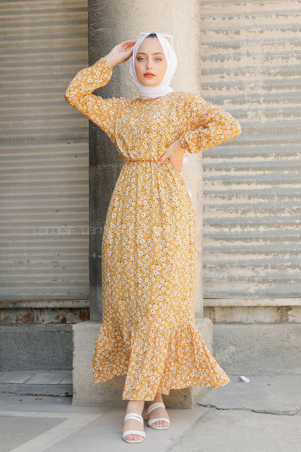 Modalamelif  Papatya Desen Elbise Hardal Siyah