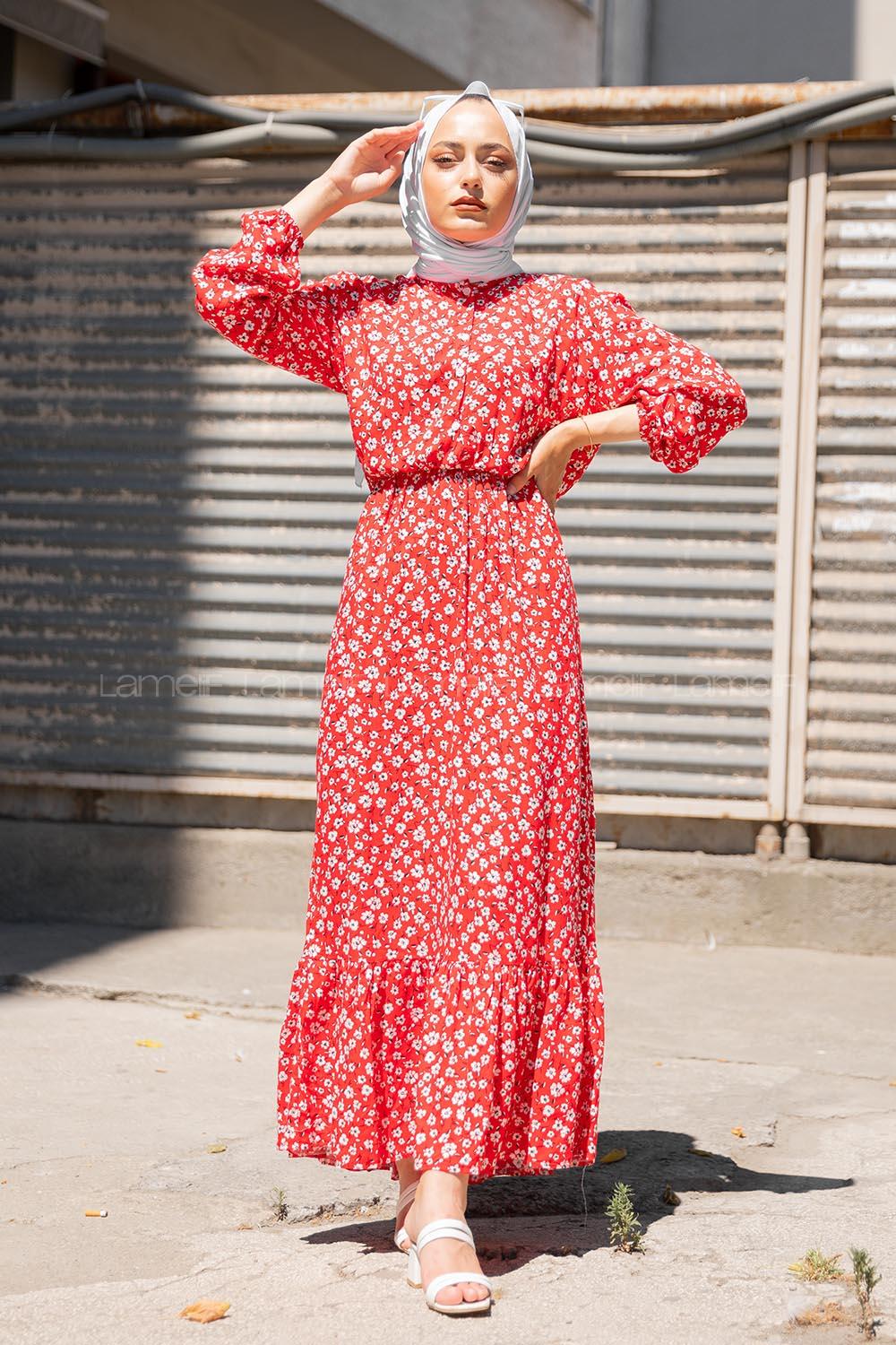 Modalamelif  Papatya Desen Elbise Kırmızı