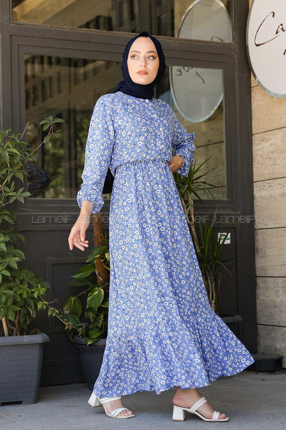 Modalamelif  Papatya Desen Elbise Mavi Ekru