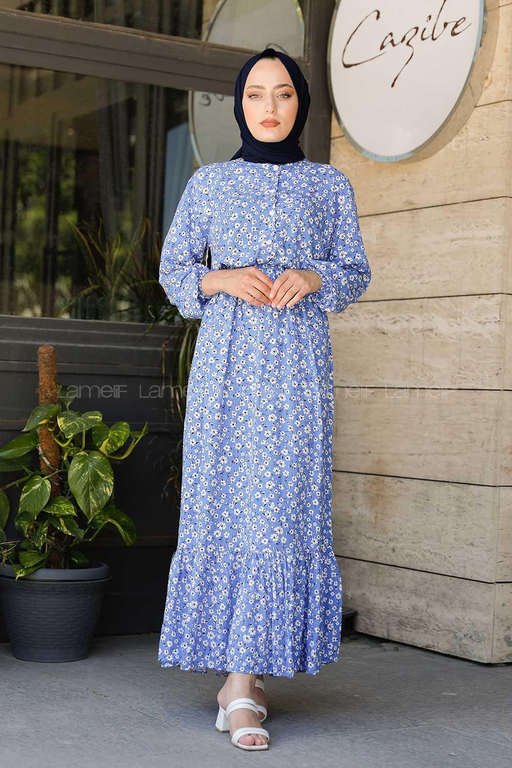 Modalamelif  Papatya Desen Elbise Mavi Ekru