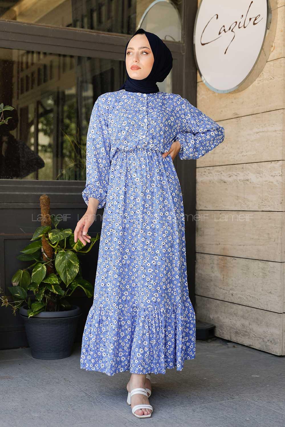 Modalamelif  Papatya Desen Elbise Mavi Ekru