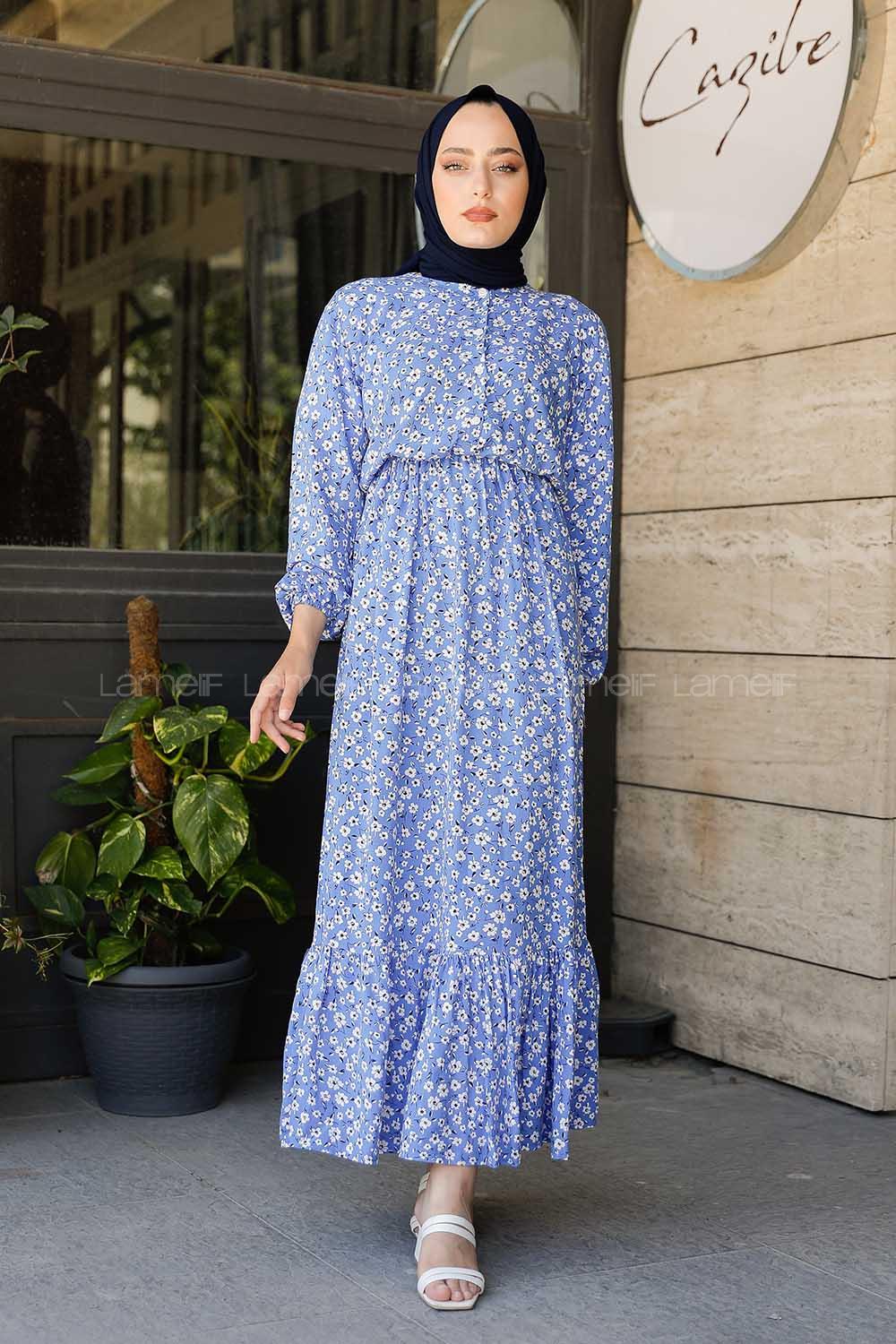 Modalamelif  Papatya Desen Elbise Mavi Ekru