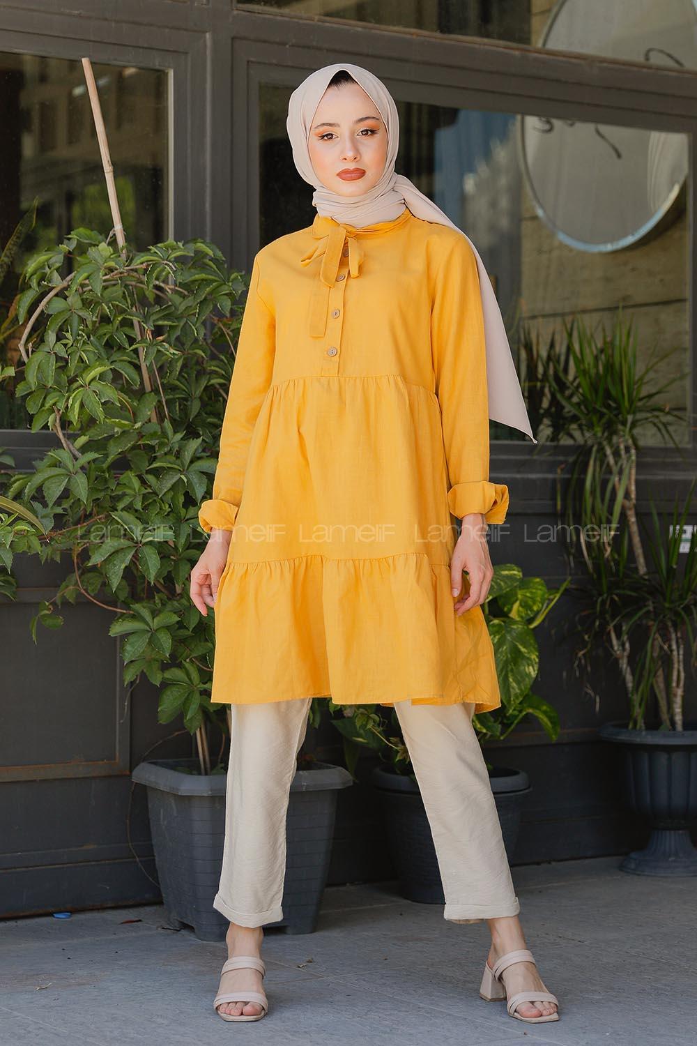 Modalamelif Yaka Bağlamalı Fırfırlı Tunik Hardal Sarısı