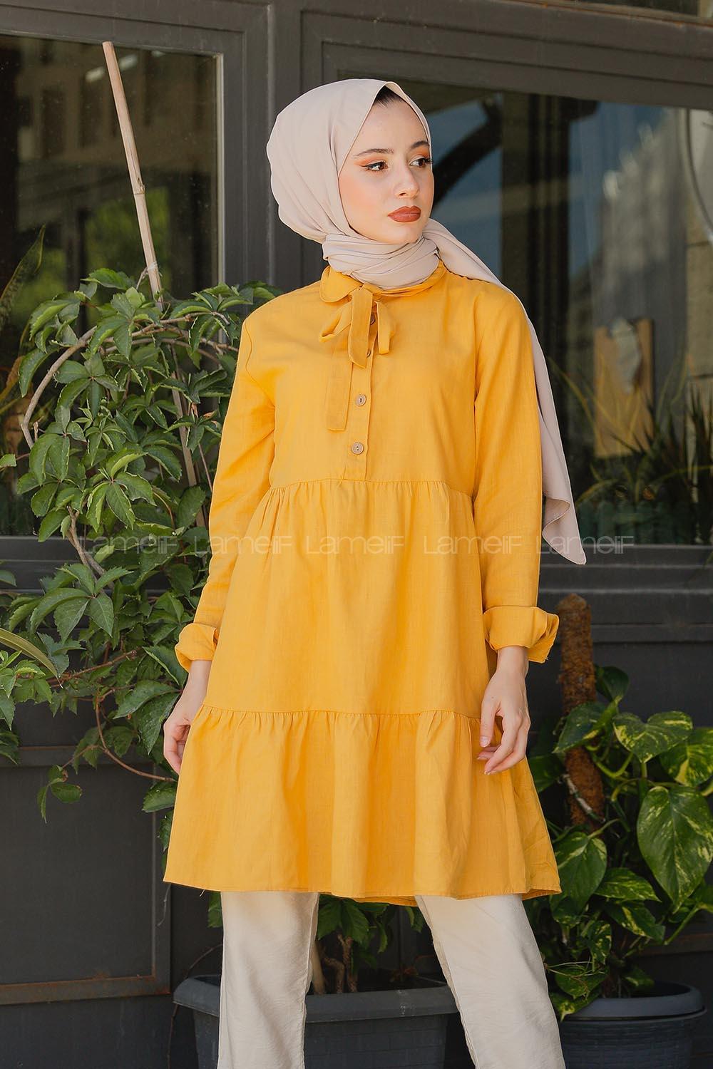 Modalamelif Yaka Bağlamalı Fırfırlı Tunik Hardal Sarısı